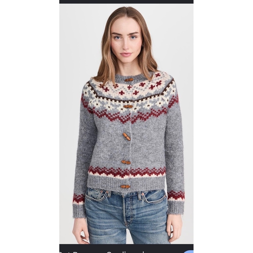 J.O.A. Gray Fair Isle Toggle Cardigan with Red and Cream Accents